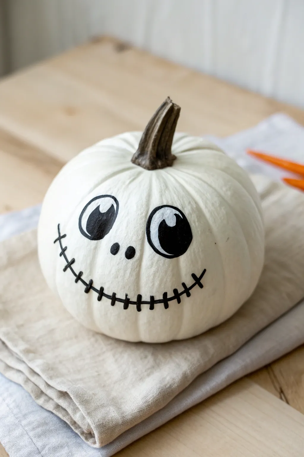 Small white pumpkin monster with bold black features, minimalist boho vibe and crisp contrast