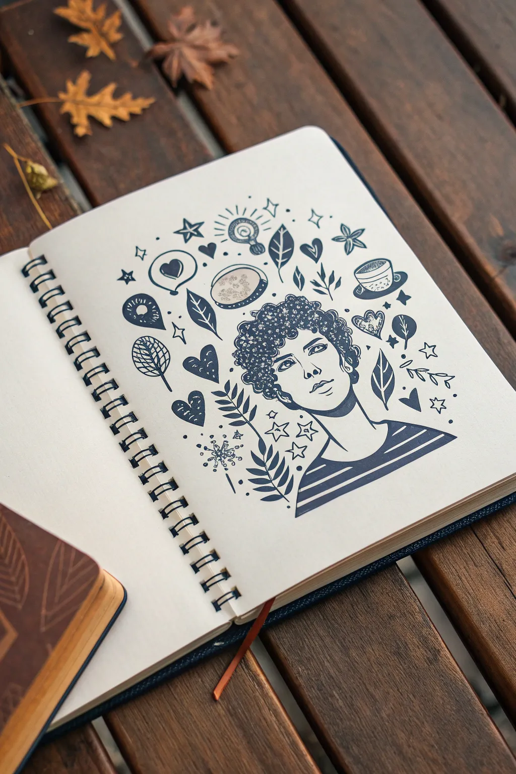 Data doodle self-portrait: tiny icons from your week shaping a face, minimal, bold, and personal.