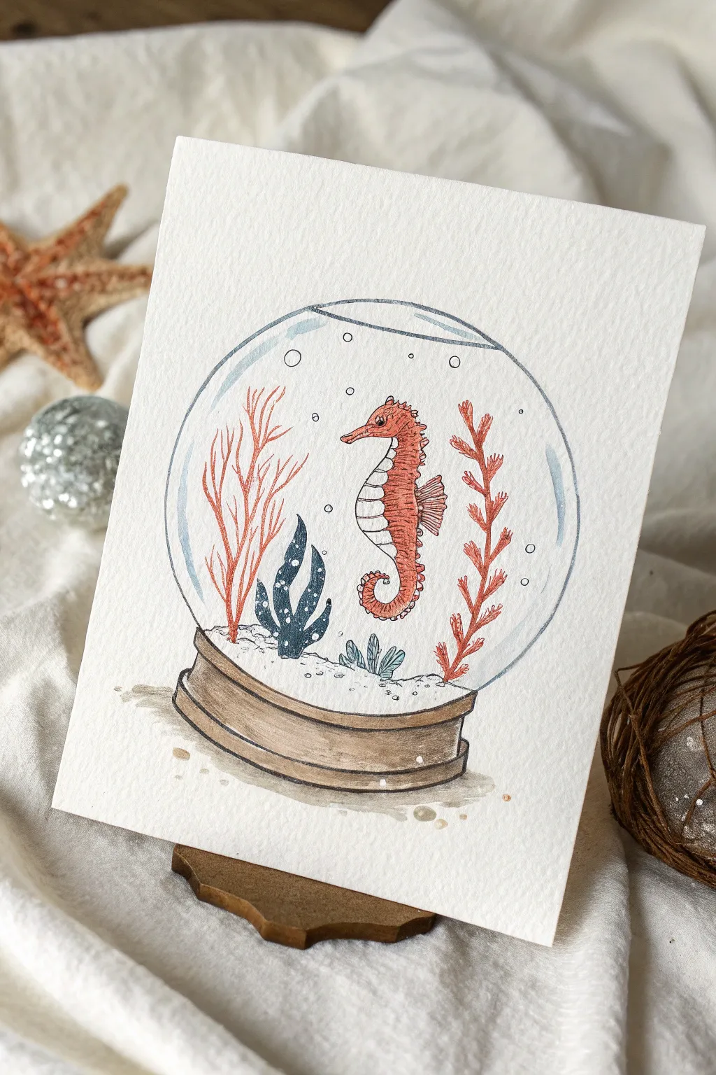 Underwater snow globe drawing: bubbles, coral forms, and a tiny seahorse in bold contrast