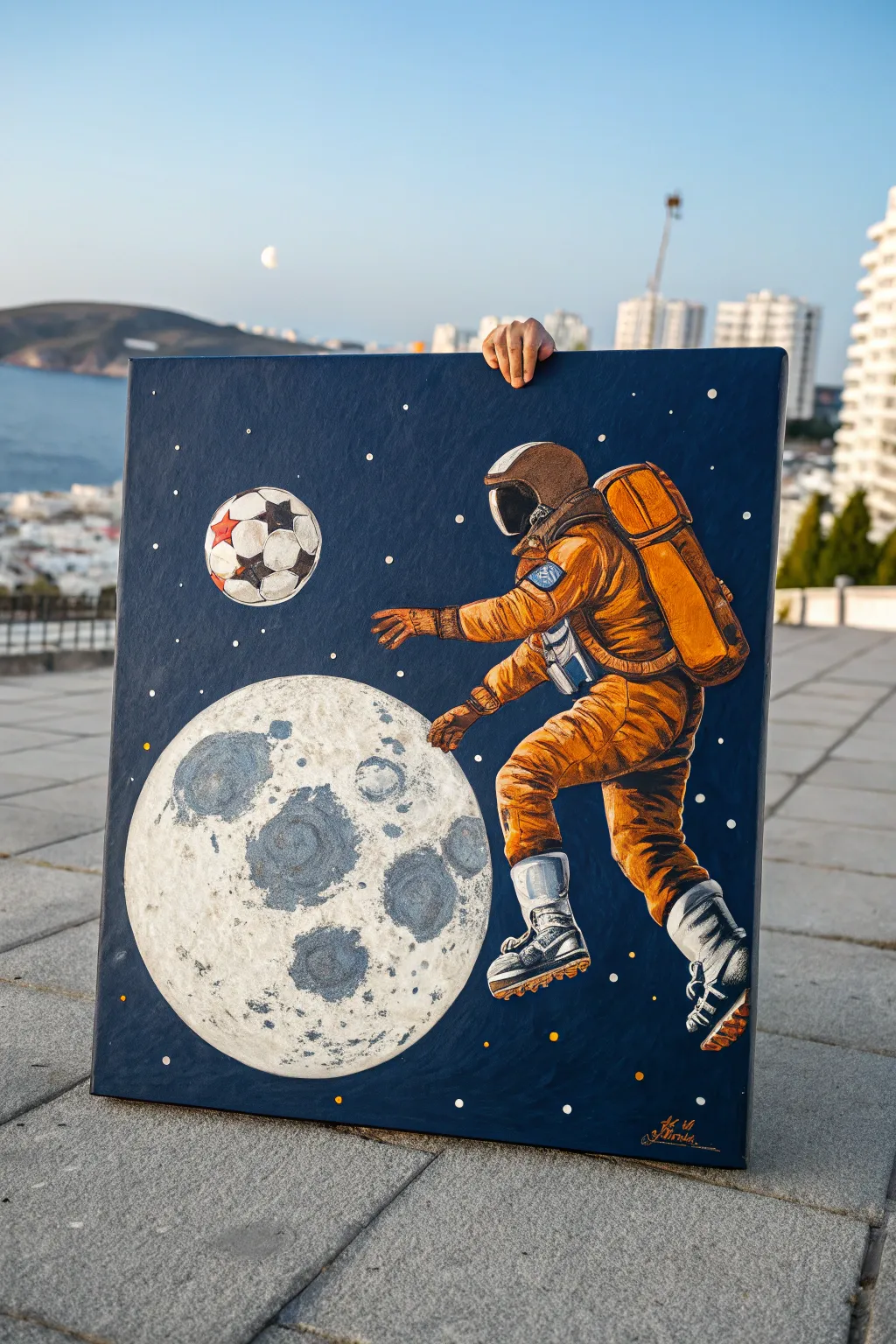 Escape to the stars with this whimsical astronaut soccer painting. 🎨✨ A bold & creative art idea!