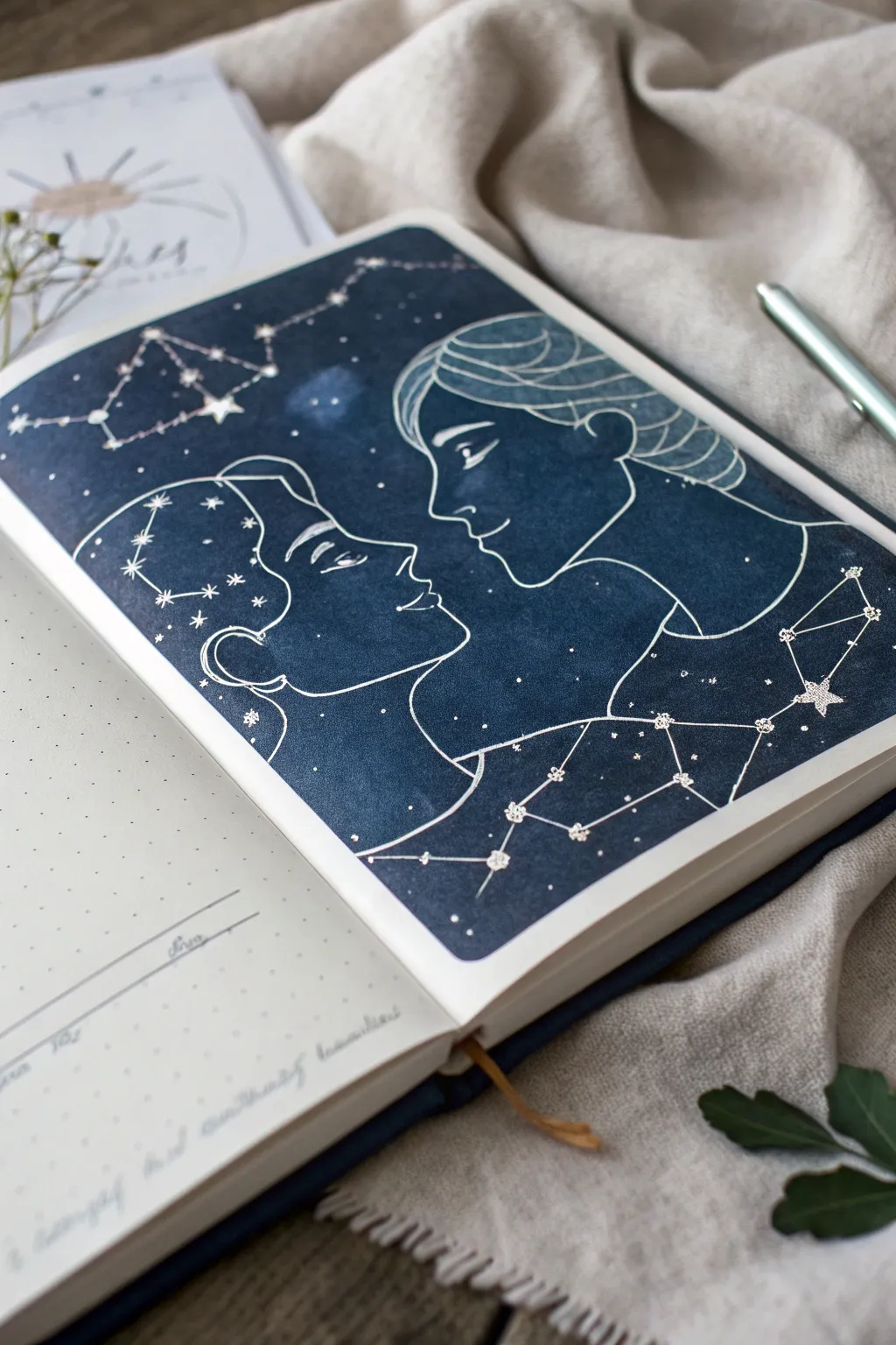Soulmate constellations become two faces in a minimalist night-sky sketch, crisp and dreamy.