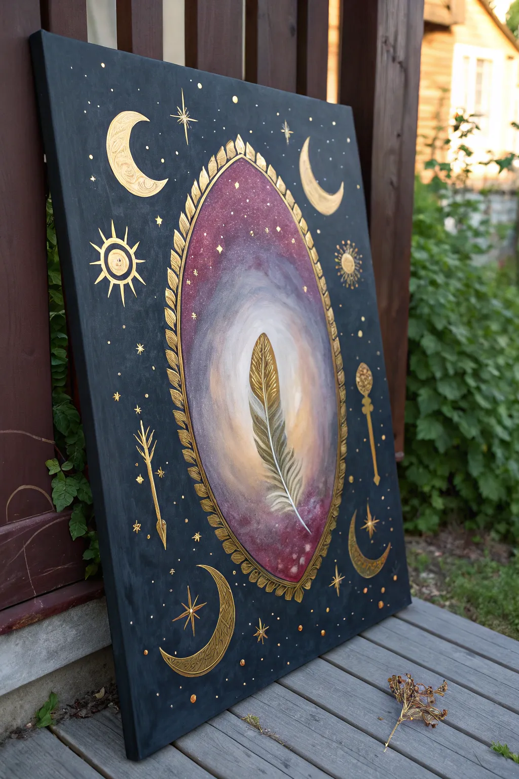 Dream portal painting idea: a glowing oval doorway with floating symbols in bold, mystical color