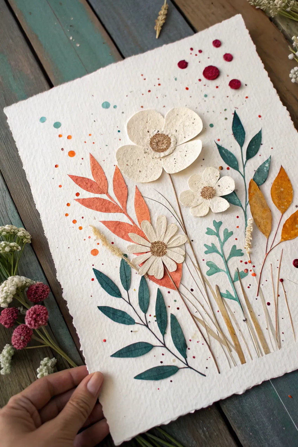 Minimalist paper-collage garden with bold splatter paint for playful, modern mixed media vibes
