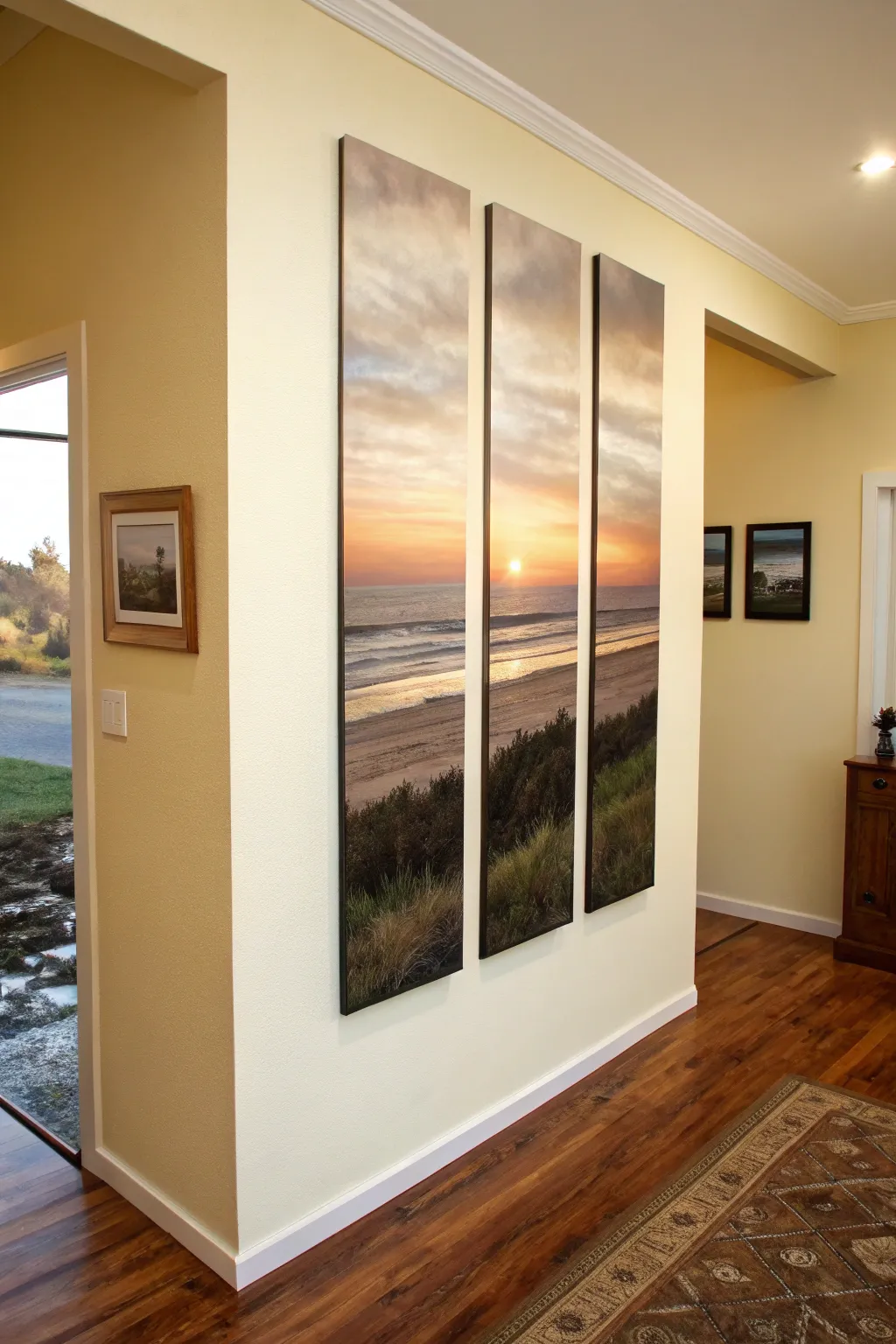 Step-panel split landscape with one seamless horizon, bold colors, and clean Scandinavian contrast.