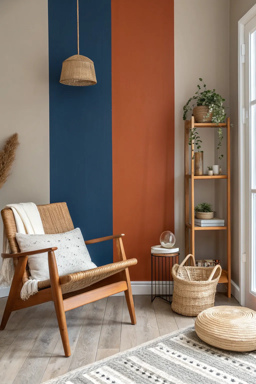 Vertical split wall paint that cleanly zones a reading nook and shelf with bold, modern contrast.