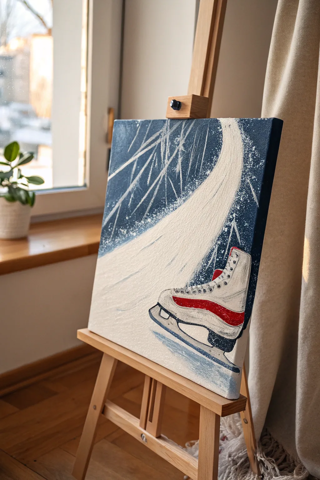 Minimalist skate blade painting with bold speed lines and icy spray for modern sports art ideas