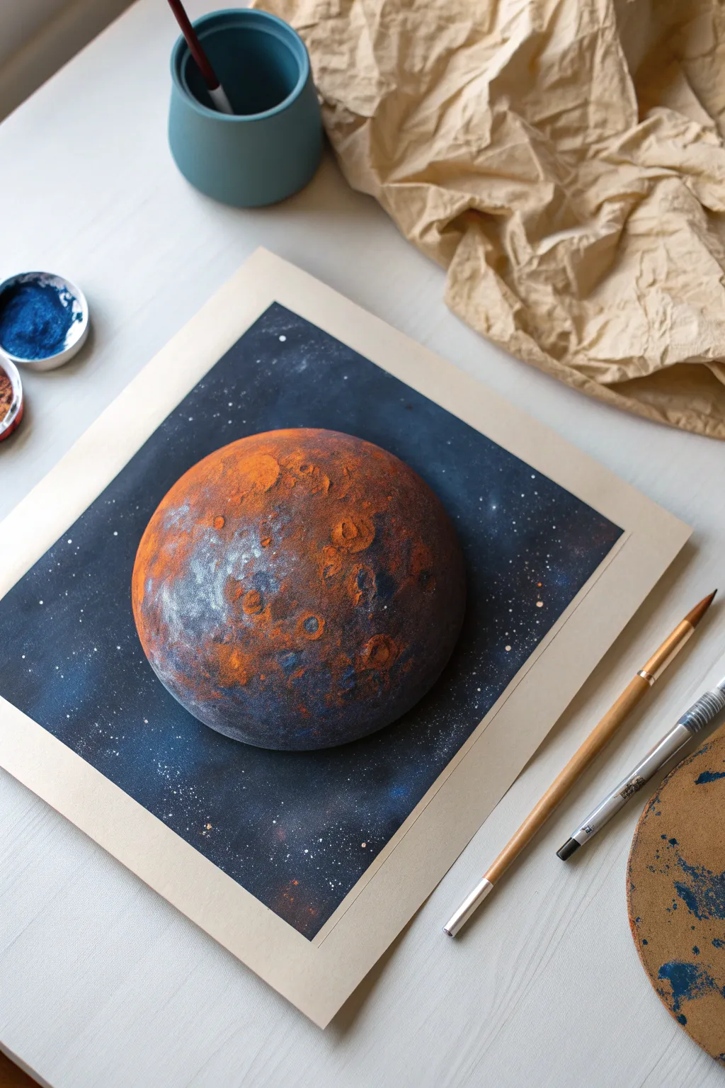 Make rocky planet craters with crumpled paper and spray paint for bold cosmic texture