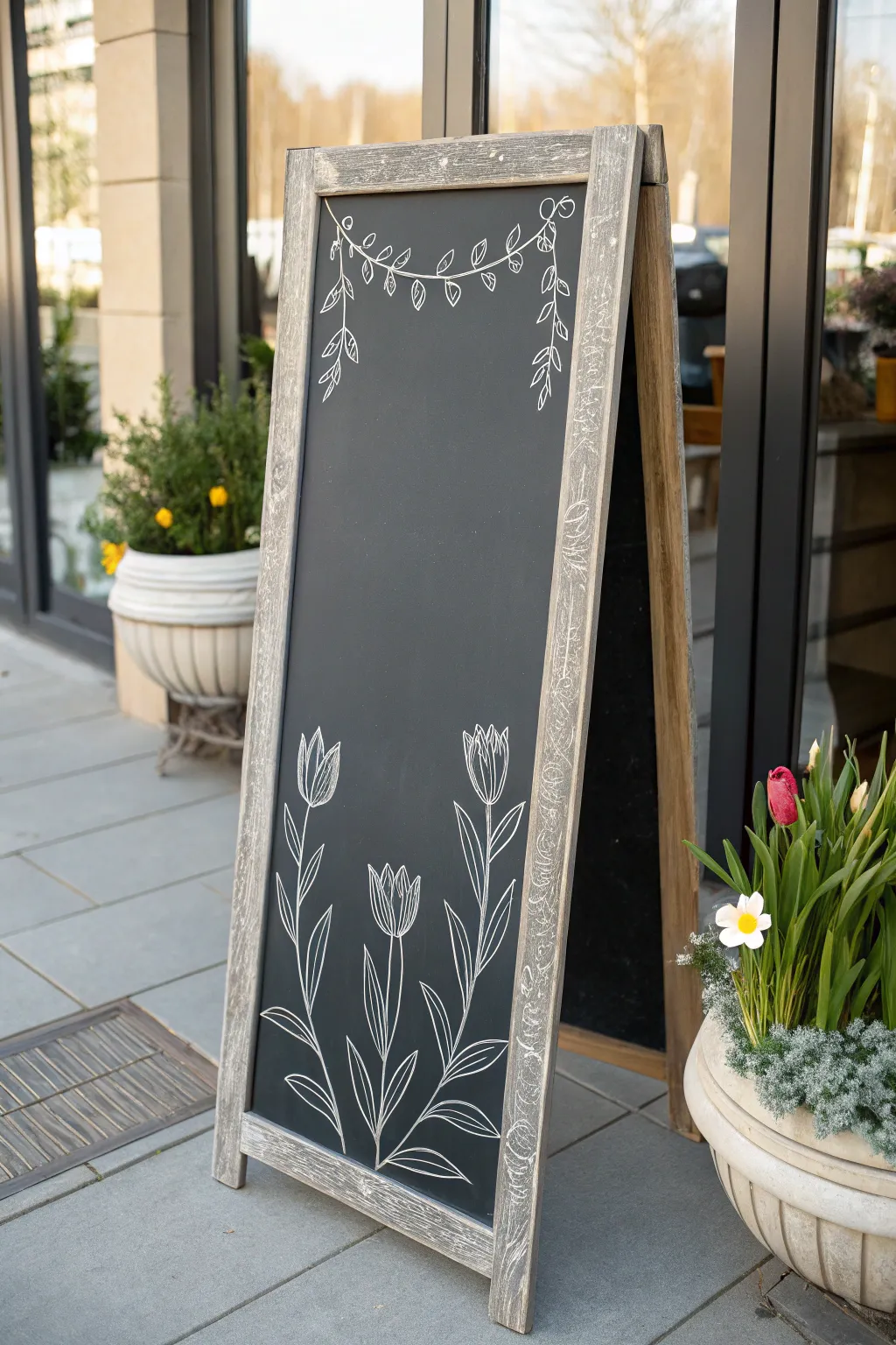 Minimal spring chalkboard menu framed with bold botanical blooms, clean and craft-forward