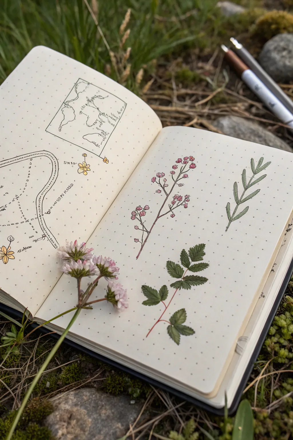 Spring nature journal page with a tiny map and simple leaf and wildflower sketches