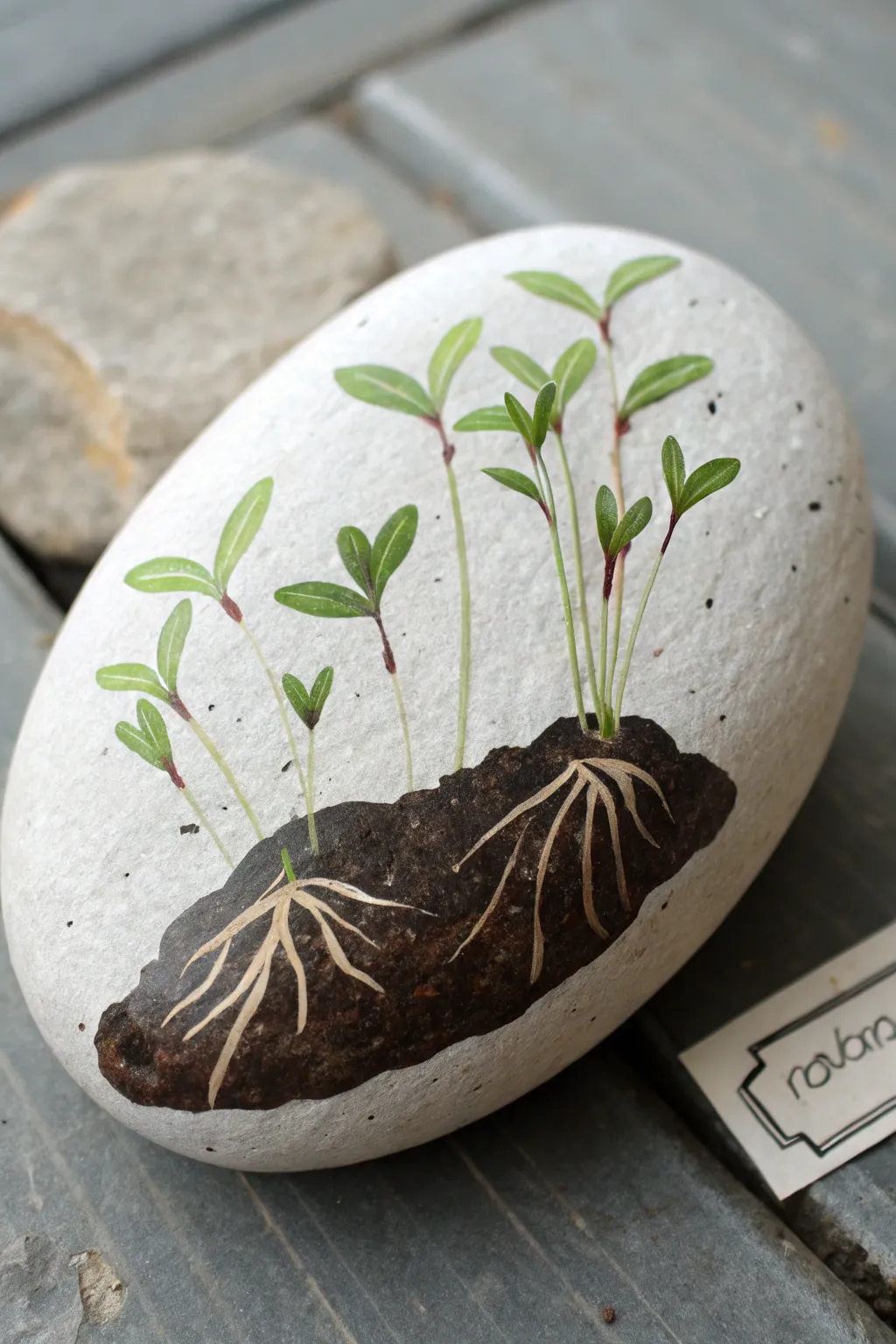 Spring rock painting: crisp green seedlings on dark soil with a blank label panel for garden sprouts