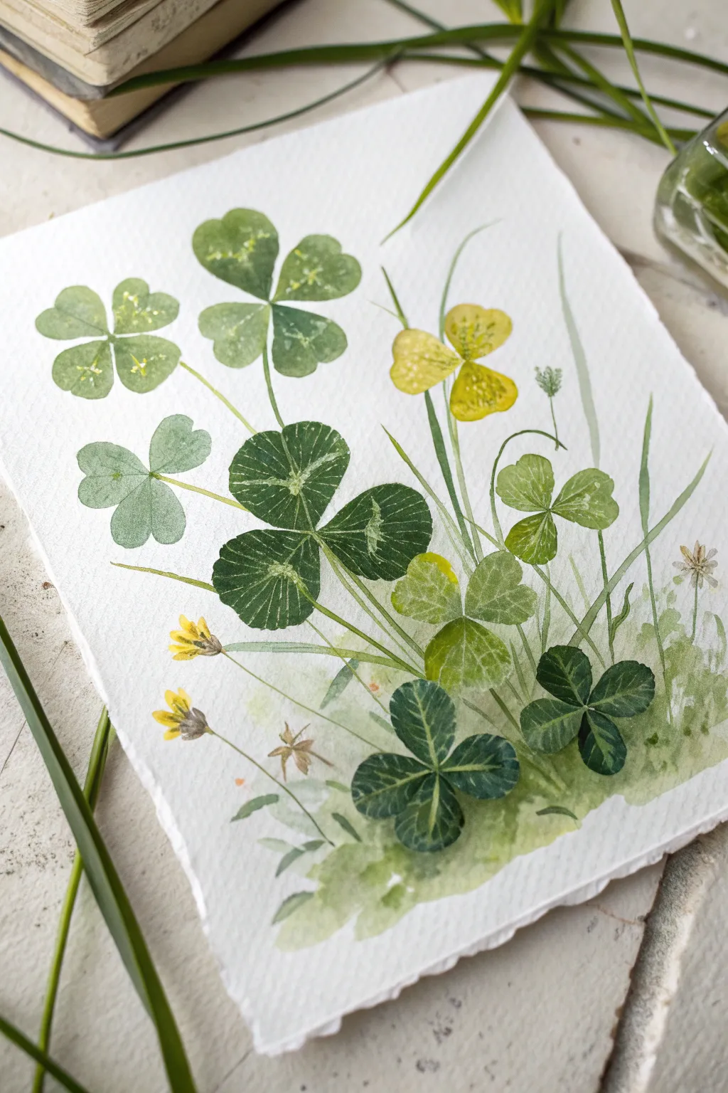 Transparent clover greens and soft spring grass layers, luminous and simple for a fresh watercolor study.