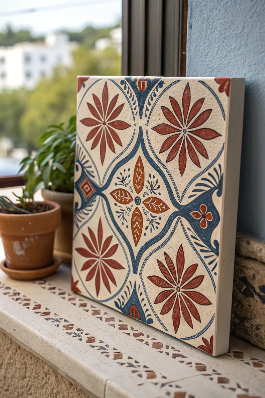 Edge-to-edge tile pattern square painting in bold boho hues, perfect for seamless repeats.