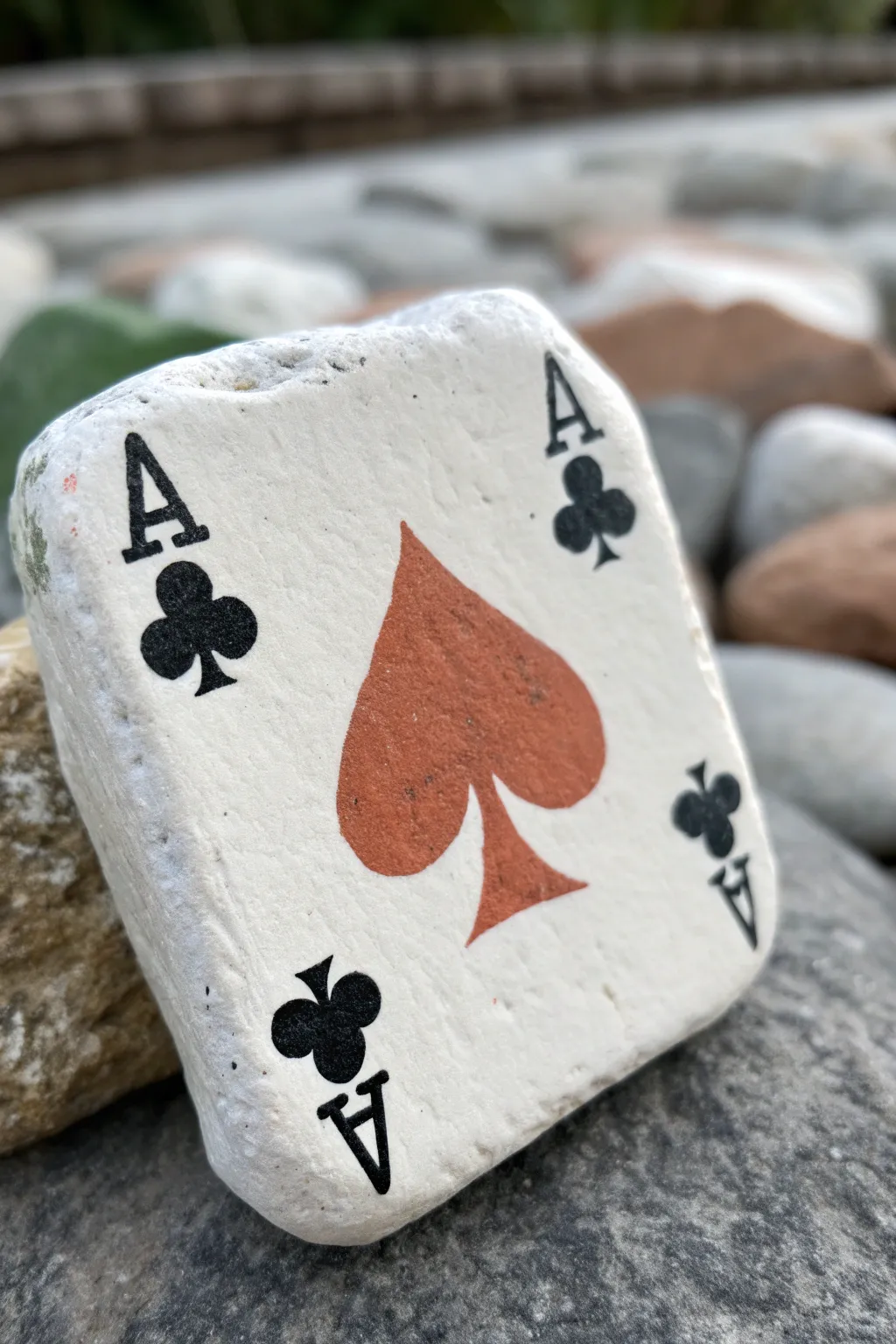 Square rock painted as a minimalist playing card face, bold contrast with a mirrored emblem.