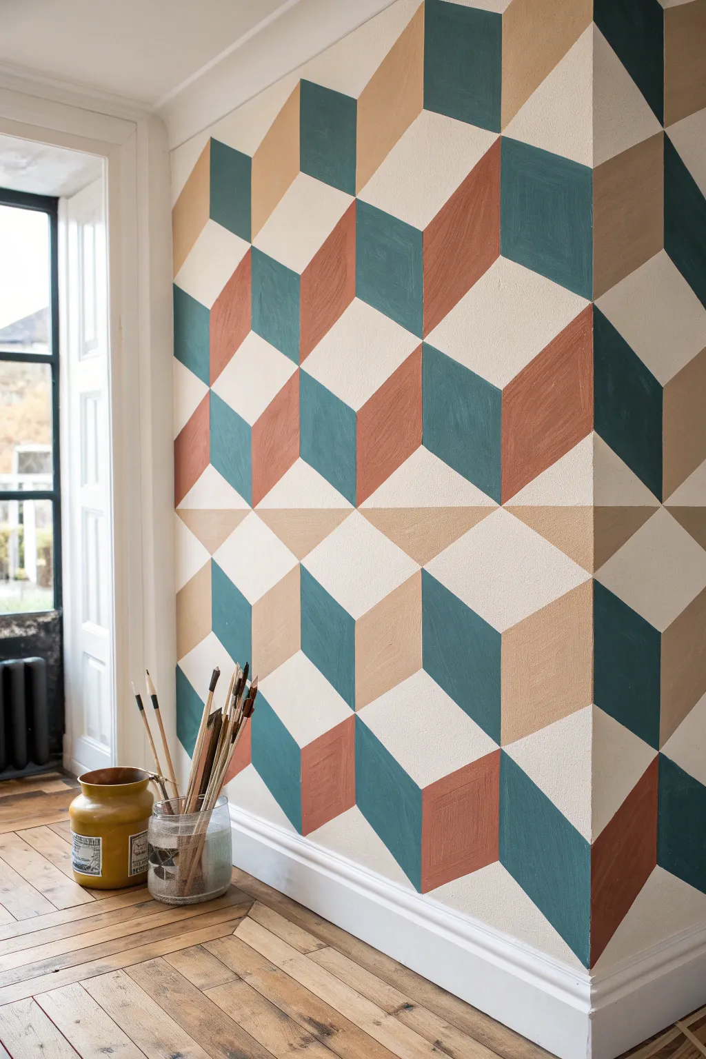 Cube-square paint illusion wall idea with bold colors, crisp contrast, and a calm Nordic-boho vibe