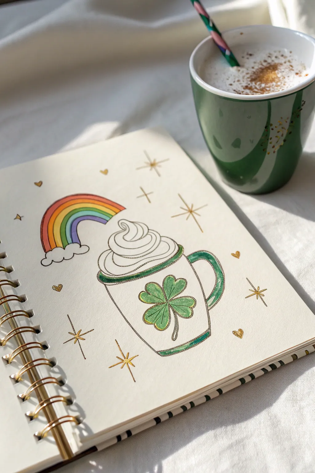 Minimalist mug drawing with shamrock foam and a tiny rainbow stir stick for St Patrick Day
