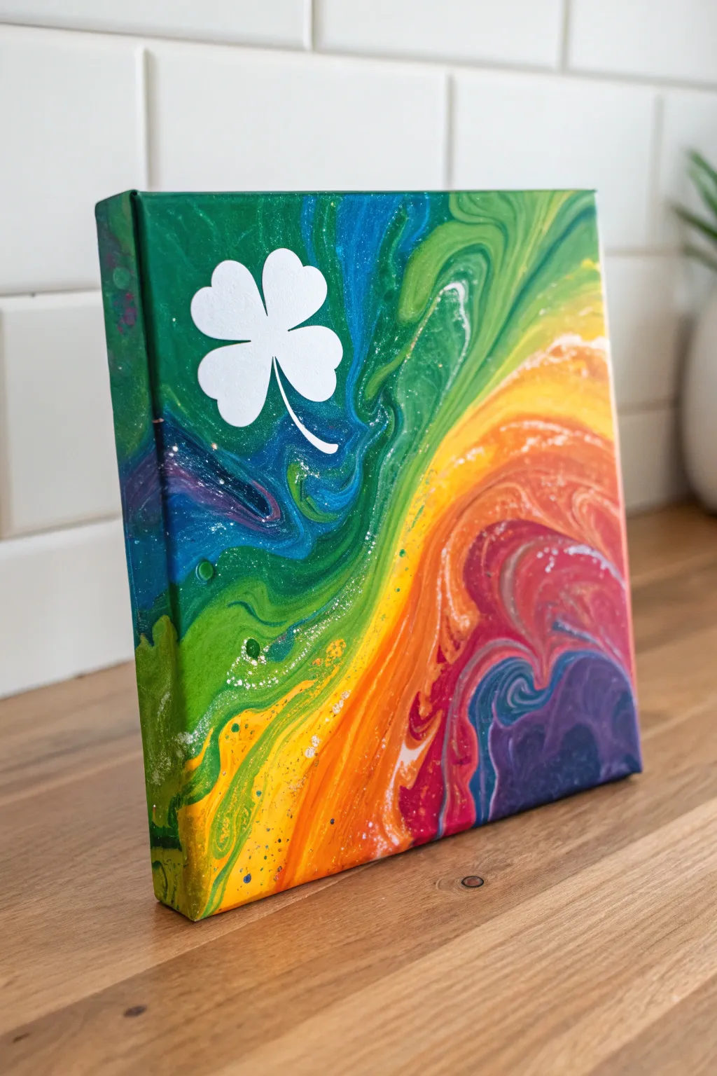 Modern pour-paint rainbow canvas with a crisp shamrock silhouette for bold St. Patrick’s Day art