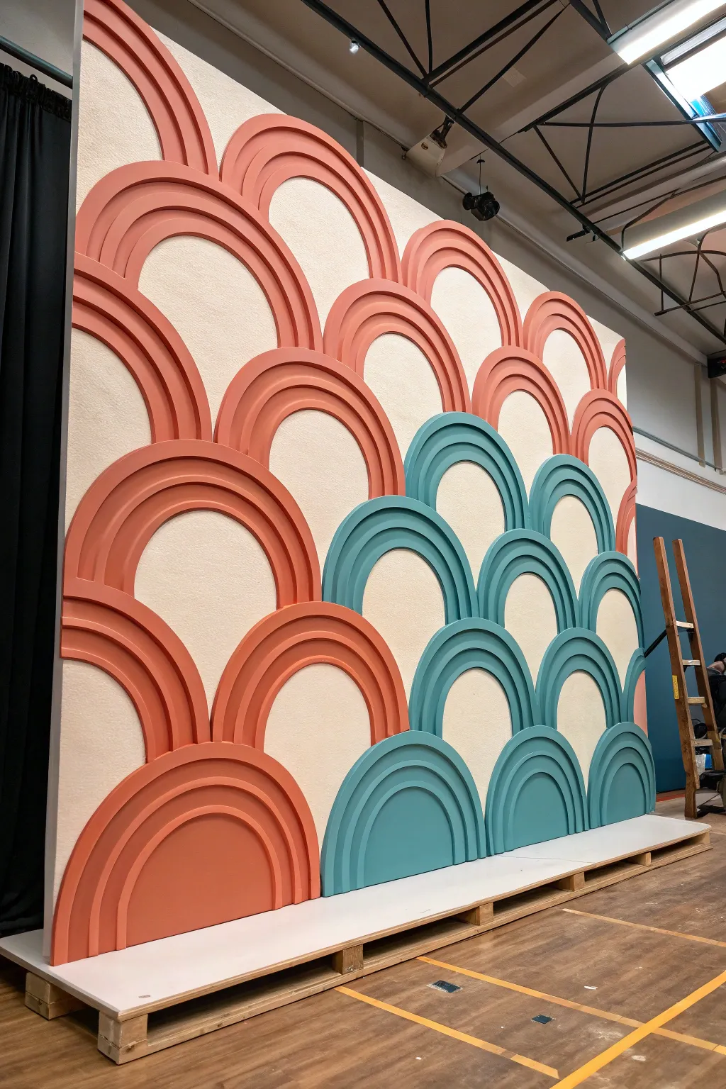 Bold modular foam board circles and arches create a modern minimalist stage backdrop