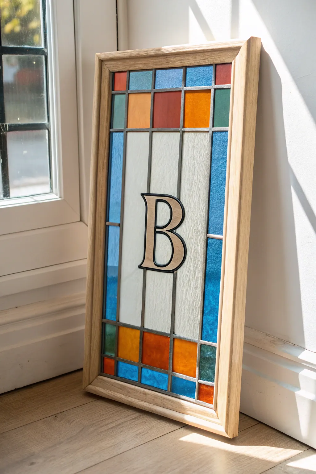 Stained glass monogram panel with clear negative space, bold color blocks, and crisp black outlines