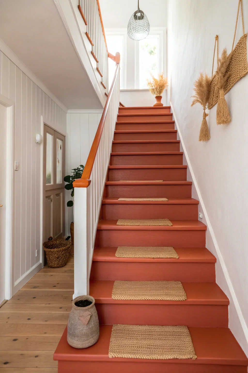 Bold terracotta color-drenched stairs for a cozy, immersive Scandinavian boho statement