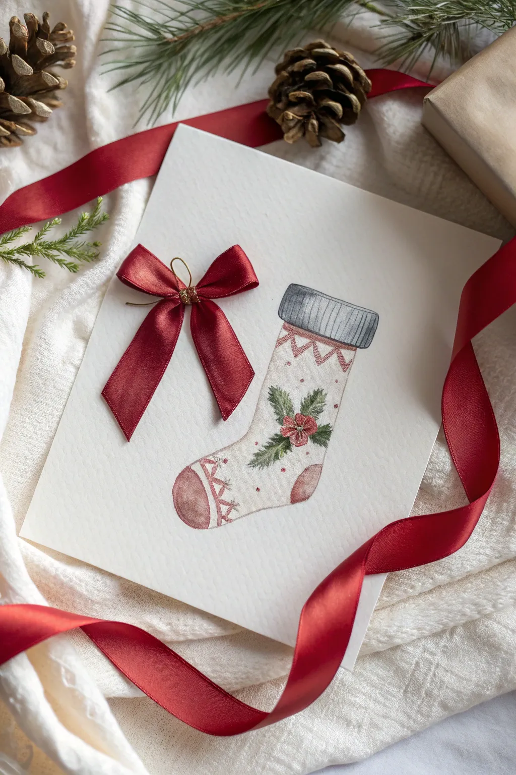 Bow-tied ribbon cuff sketch with crisp folds, bold color contrast, and shadowed overlap details