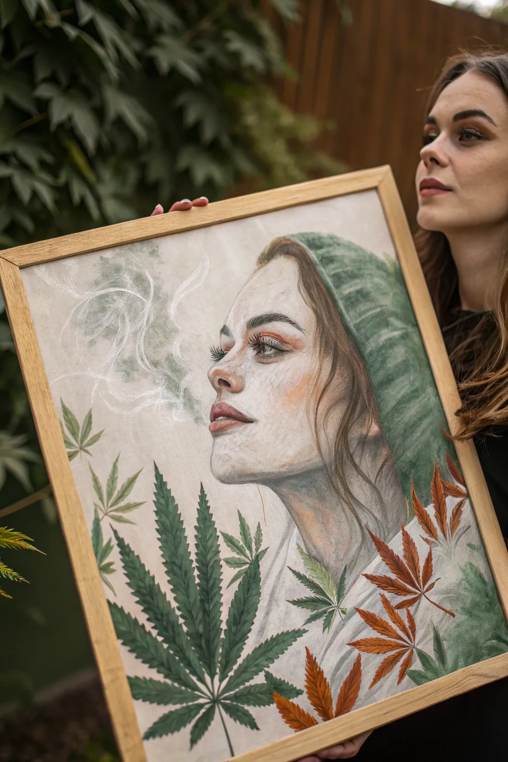 Double-exposure portrait painting with cannabis smoke and leaf patterns in bold, modern boho tones