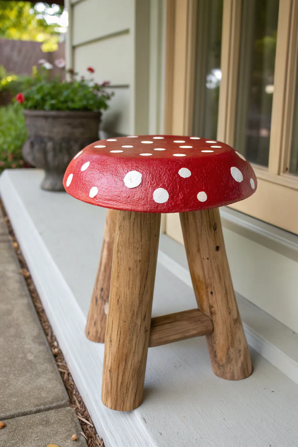 Whimsical mushroom stool makeover: bold red cap, crisp white spots, earthy legs, cozy charm