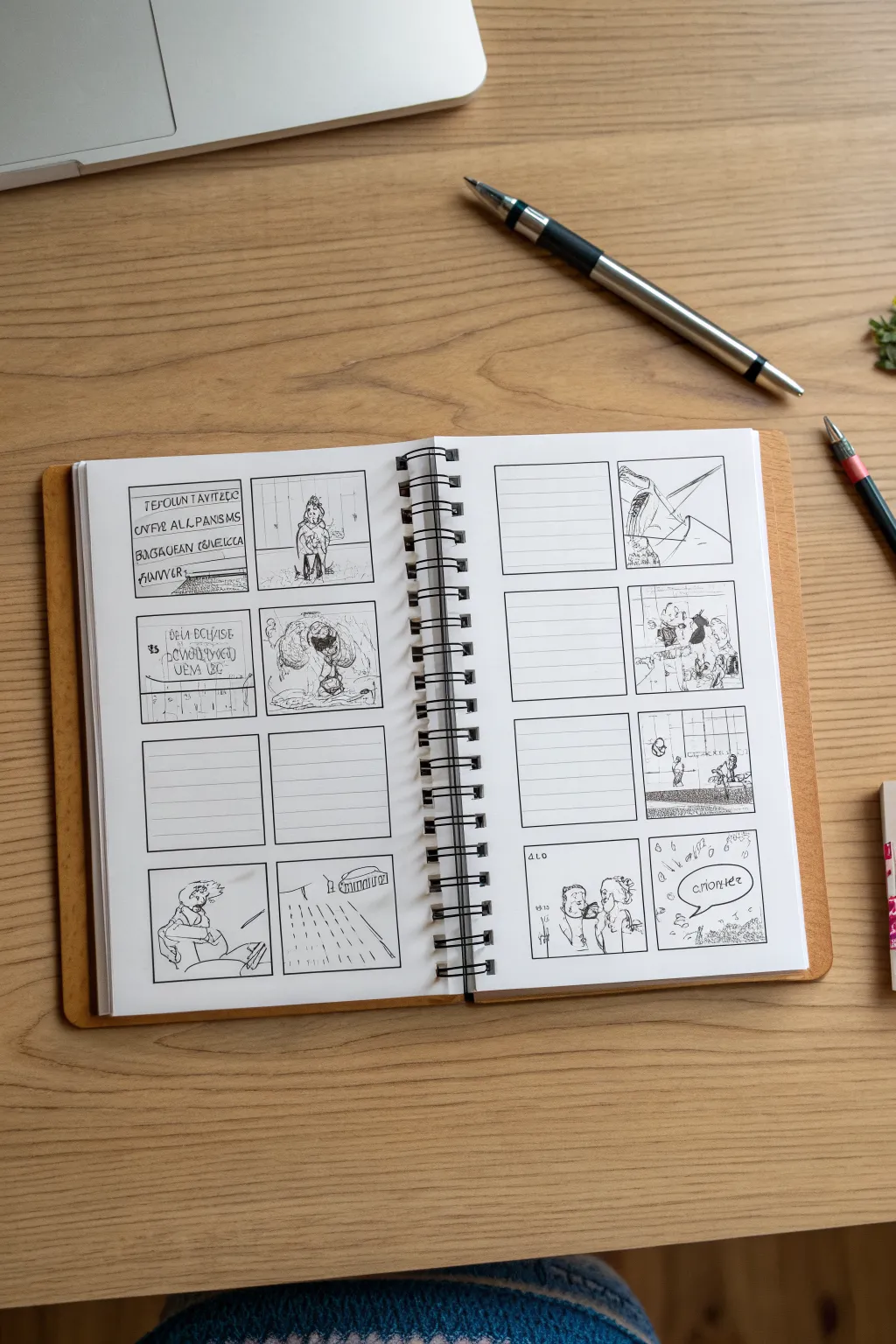 Split-screen sketchbook spread for parallel actions, minimalist boho colors for story ideas