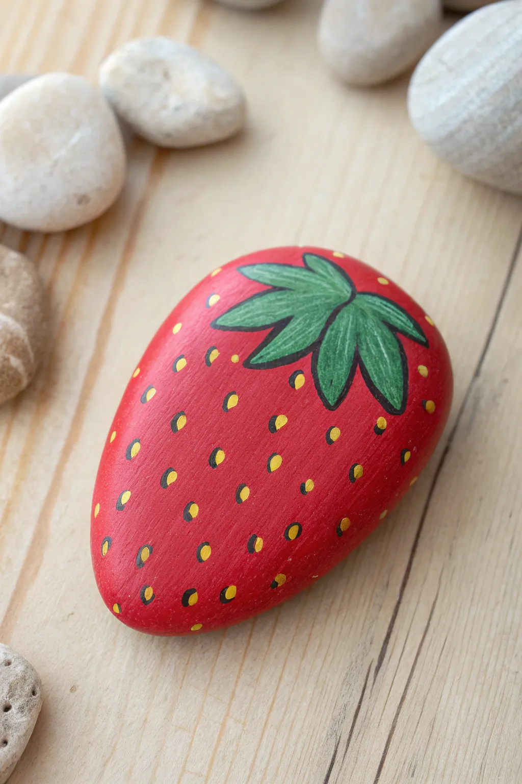 Sweet strawberry rock painting idea, minimalist boho vibe with bold red and leafy green.
