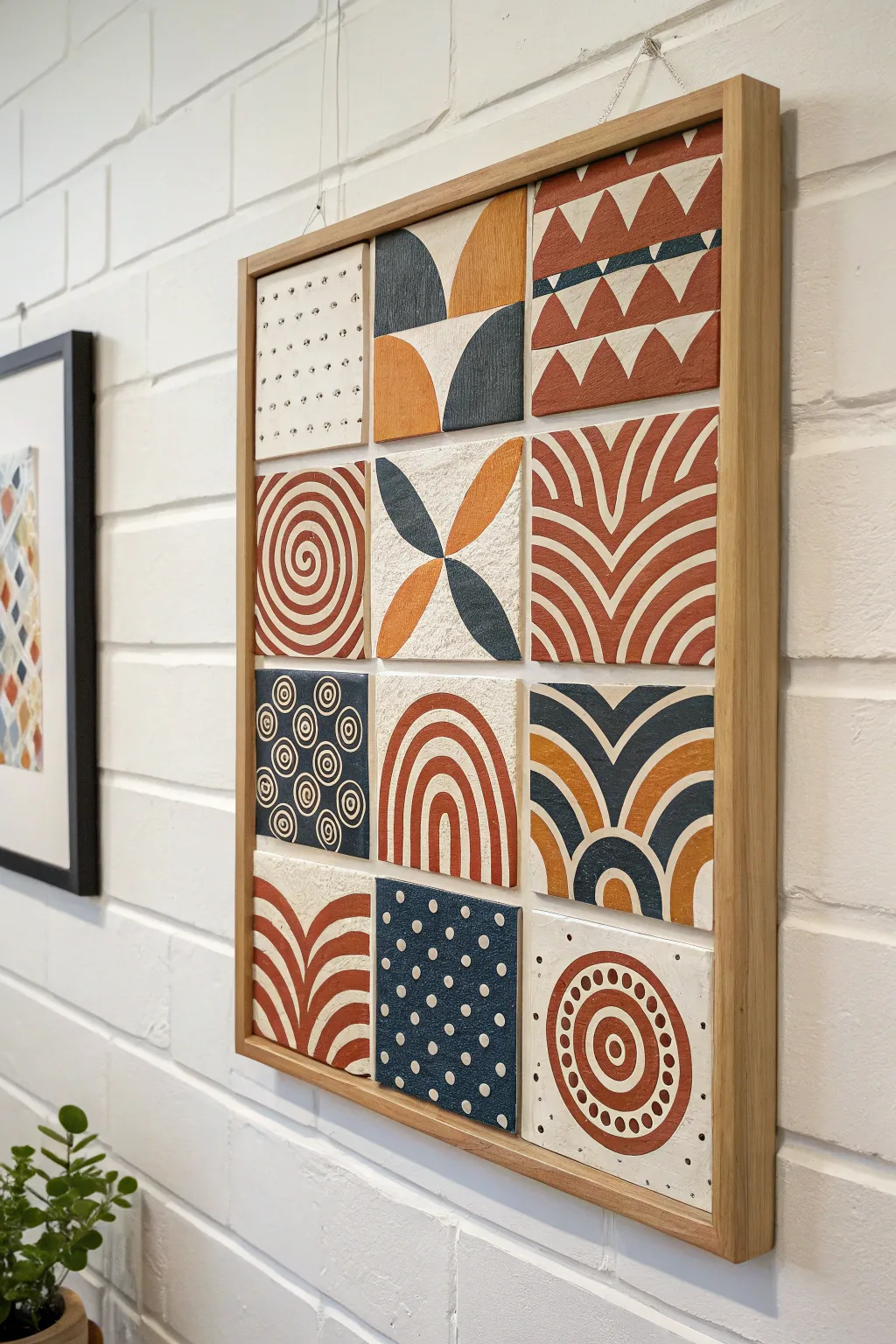 Bold foam-tile patchwork art with boho patterns and clean Scandinavian styling on a white wall