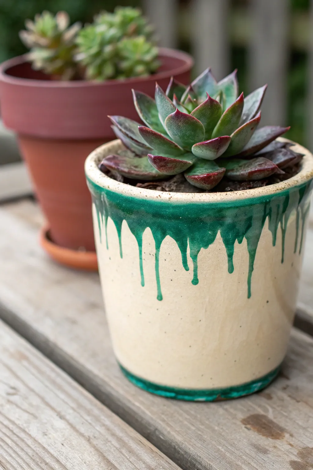Glossy drip-glaze illusion on a hand-painted pot, crowned with a bold sculptural succulent.