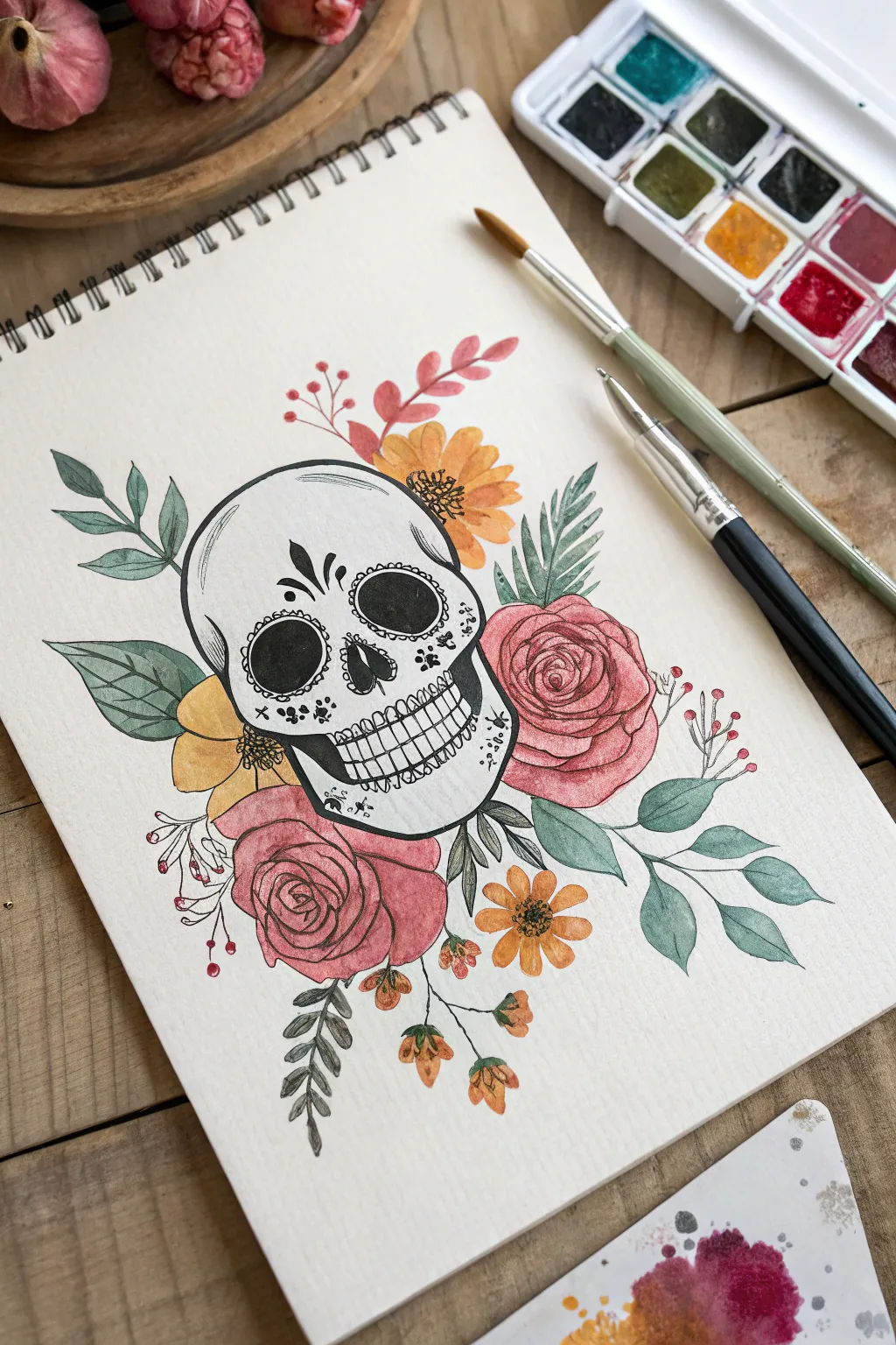 Crisp ink sugar skull framed by soft watercolor blooms, minimalist boho color pop