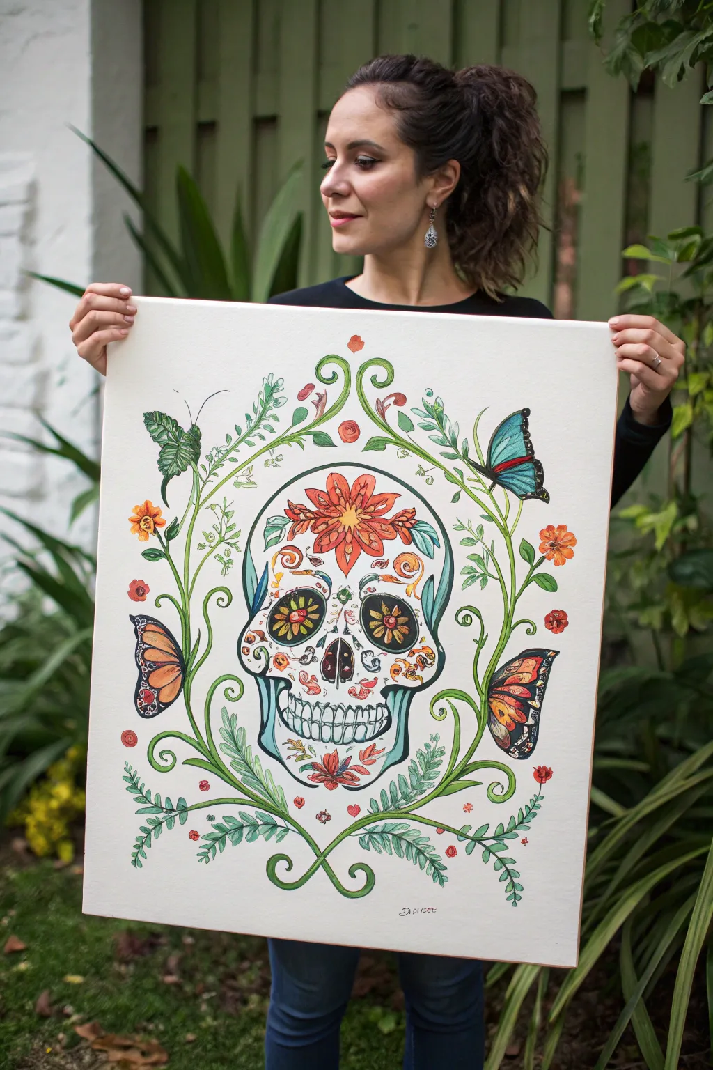 Butterfly and vine sugar skull painting with bold botanicals, crisp contrast, and clean minimal styling