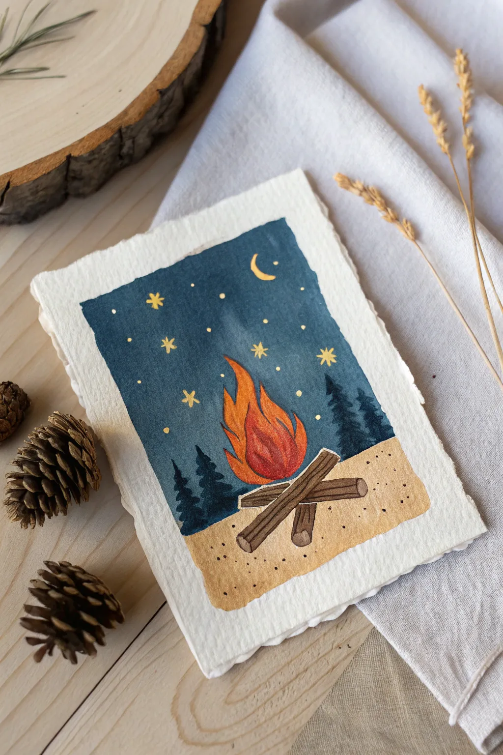 Easy summer painting idea: warm campfire glow on a deep blue night with soft firefly sparks