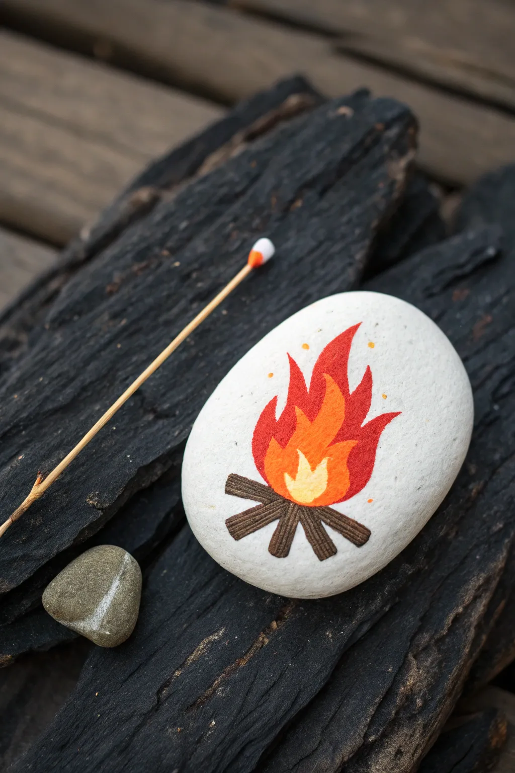 Cozy campfire rock with glowing embers and toasted marshmallow, perfect for summer nights.