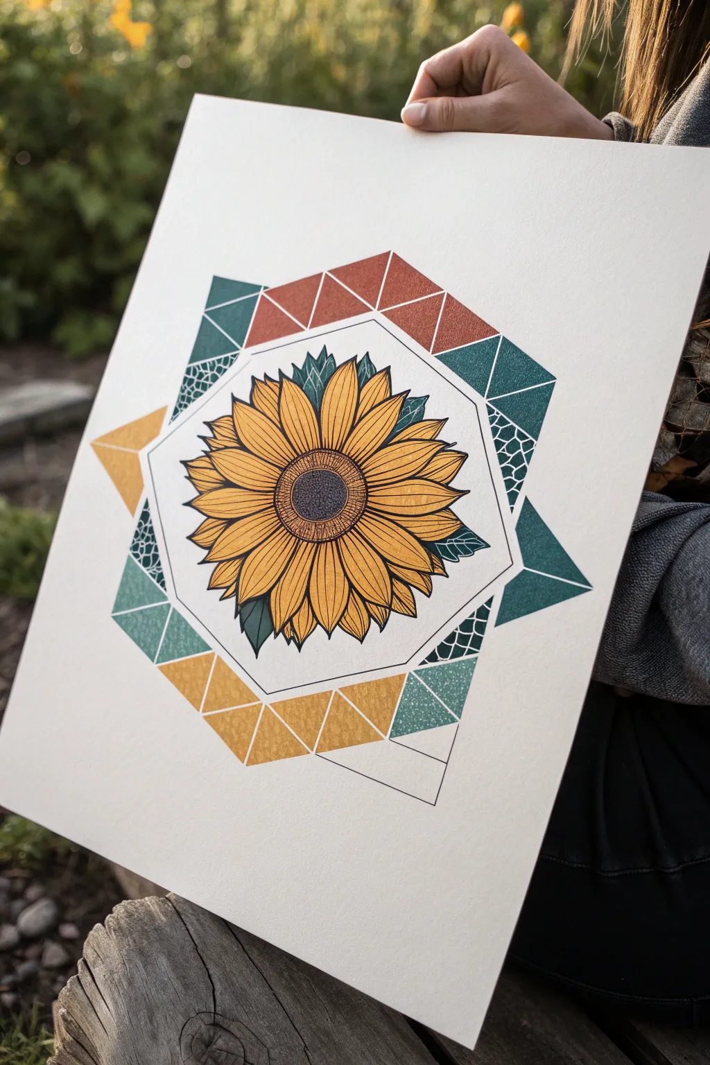 Modern geometric sunflower drawing in bold boho tones, crisp lines, and high-contrast minimal style
