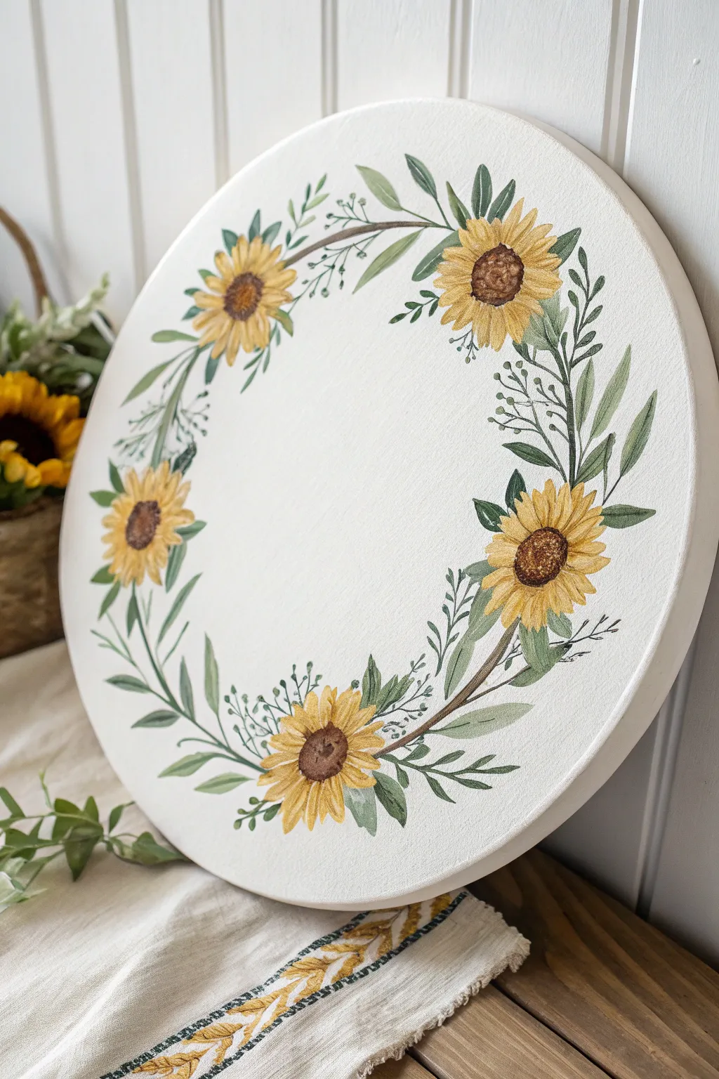 Circular sunflower wreath painting idea with a calm blank center for minimalist balance
