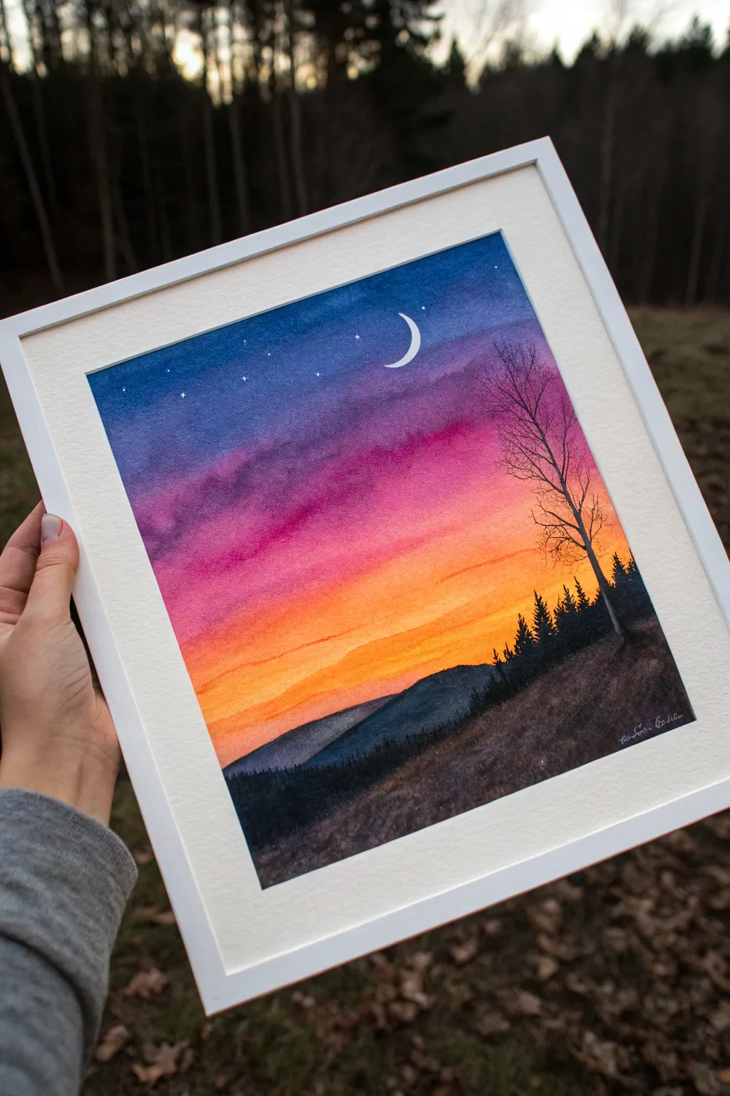 Moon and sunset in a dreamy twilight gradient watercolor, minimalist yet bold for drawing inspo