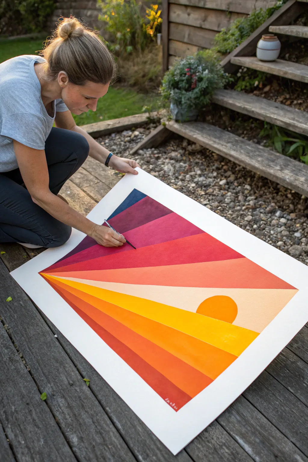 Crisp tape-edge geometry meets bold sunset ombré for a modern minimalist painting idea