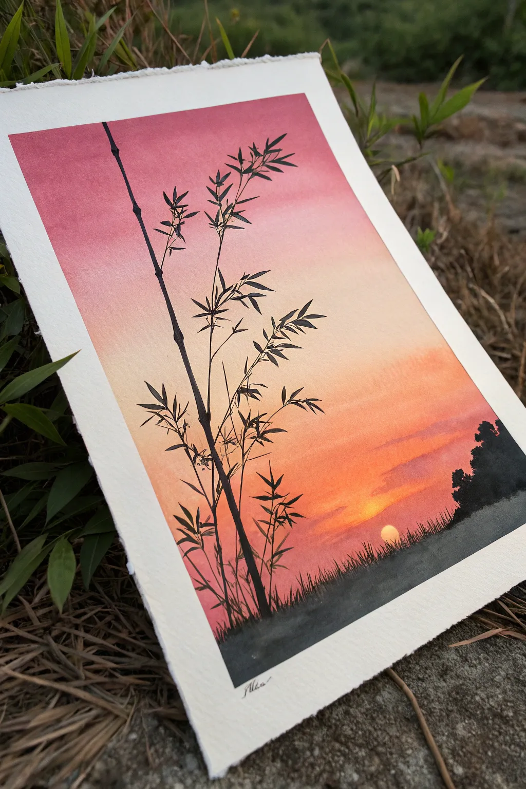 Bold bamboo silhouette against a glowing sunset wash, a simple close-up idea anyone can paint