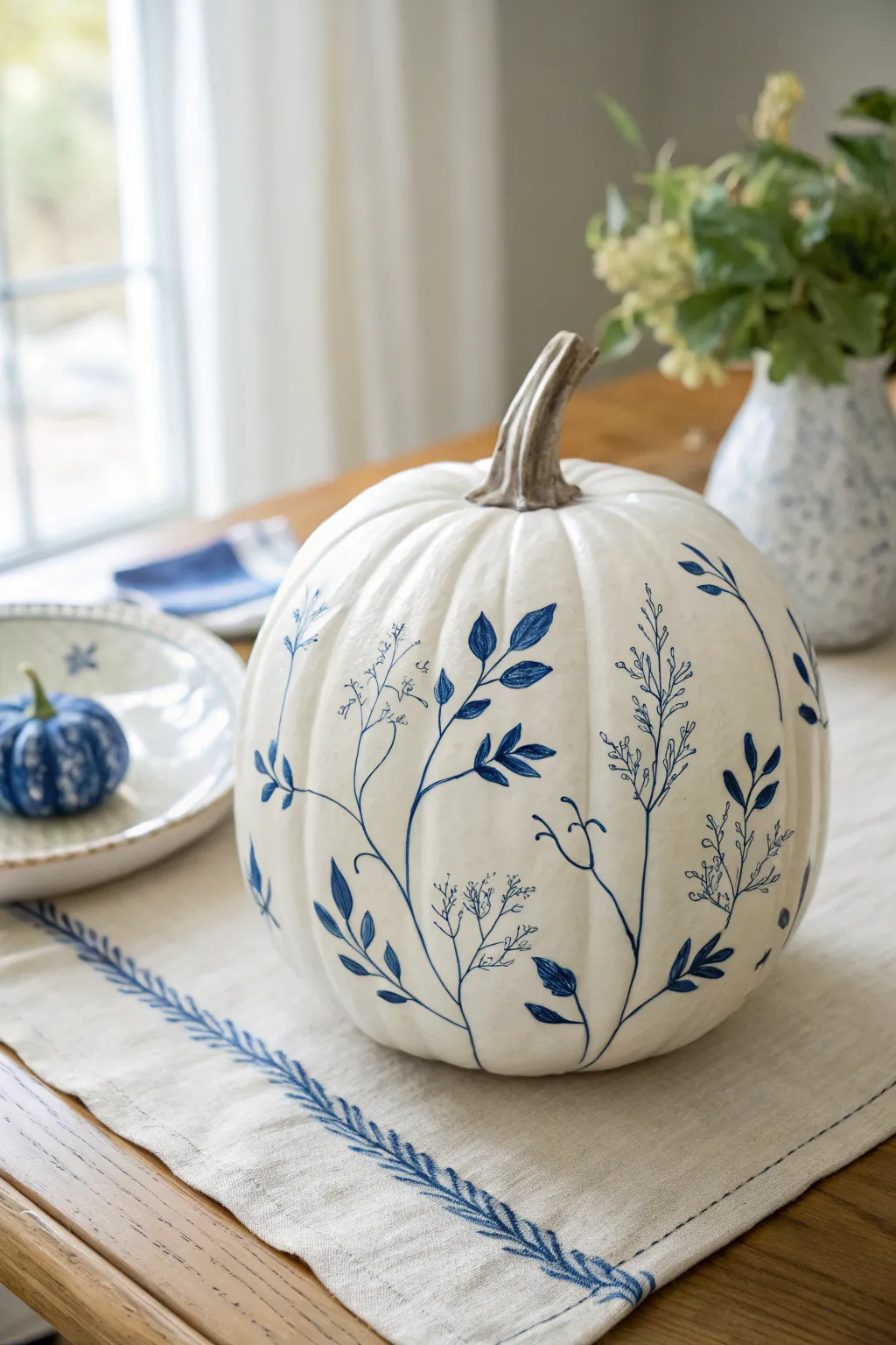 Porcelain-style blue branches on a tall pale pumpkin for a crisp, airy Scandinavian look