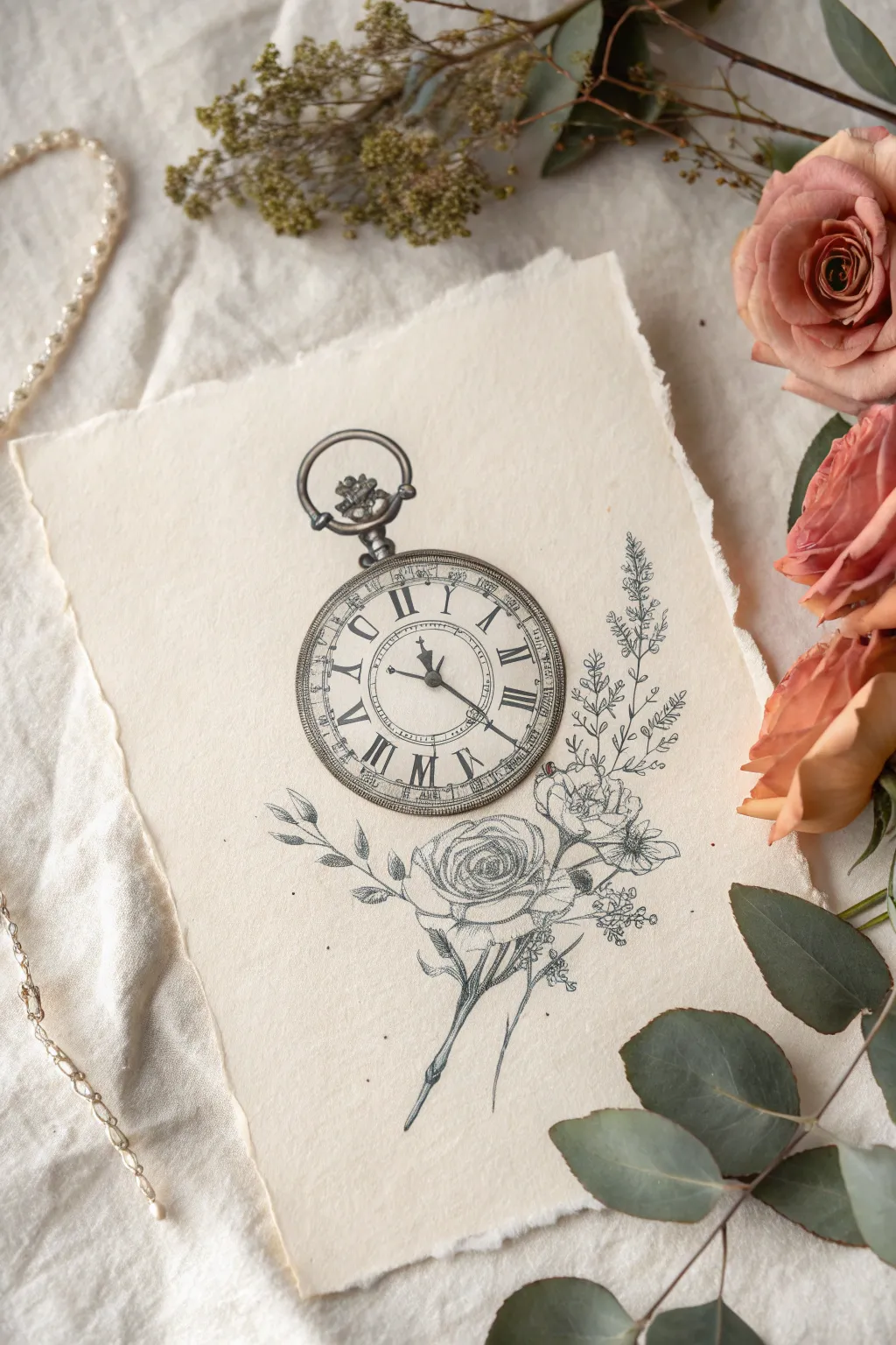 Sketchy vintage clock tattoo drawing with soft florals, minimalist boho lines and bold contrast