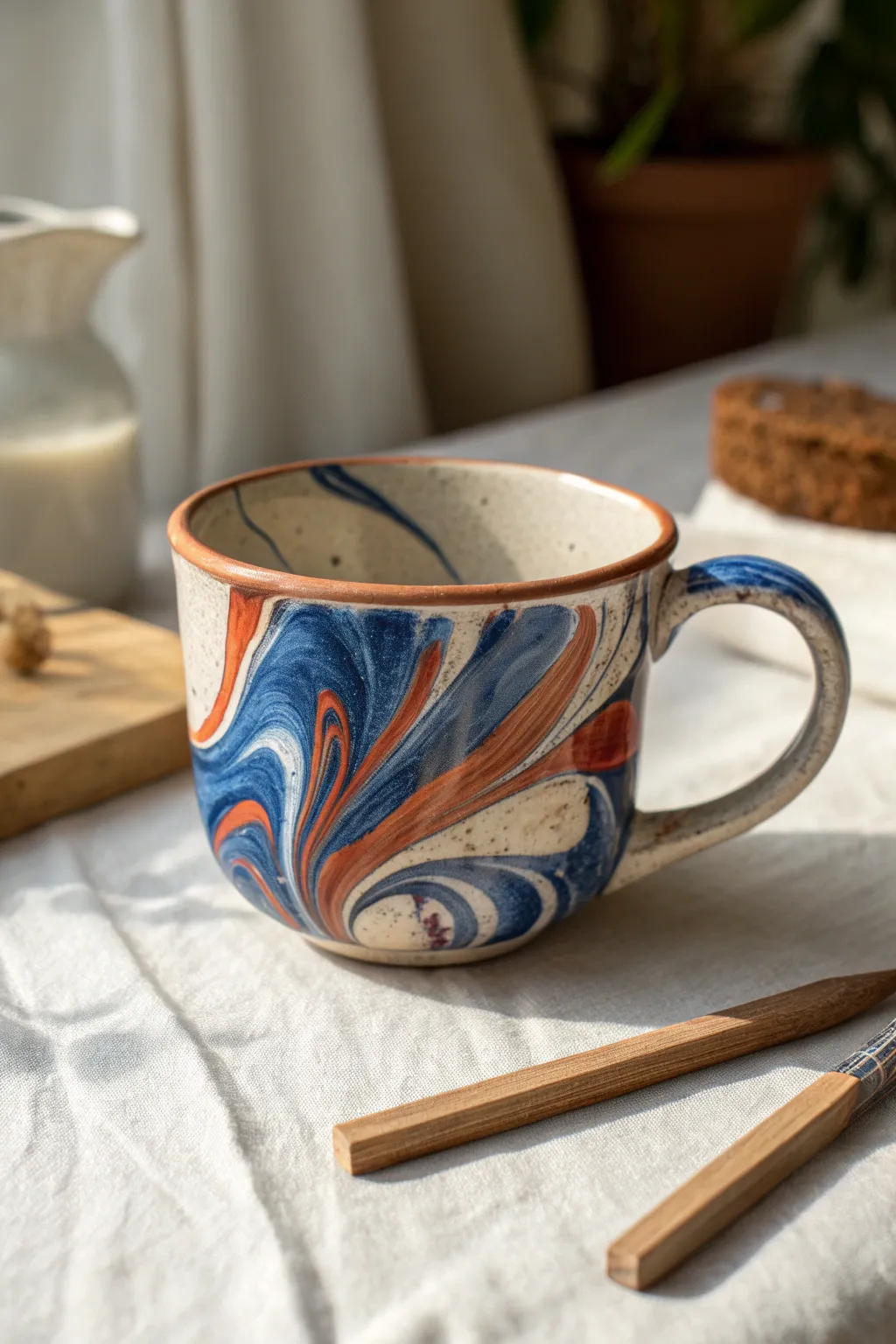 Create a marbled teacup with swirling two-tone paint for a bold, modern boho finish.