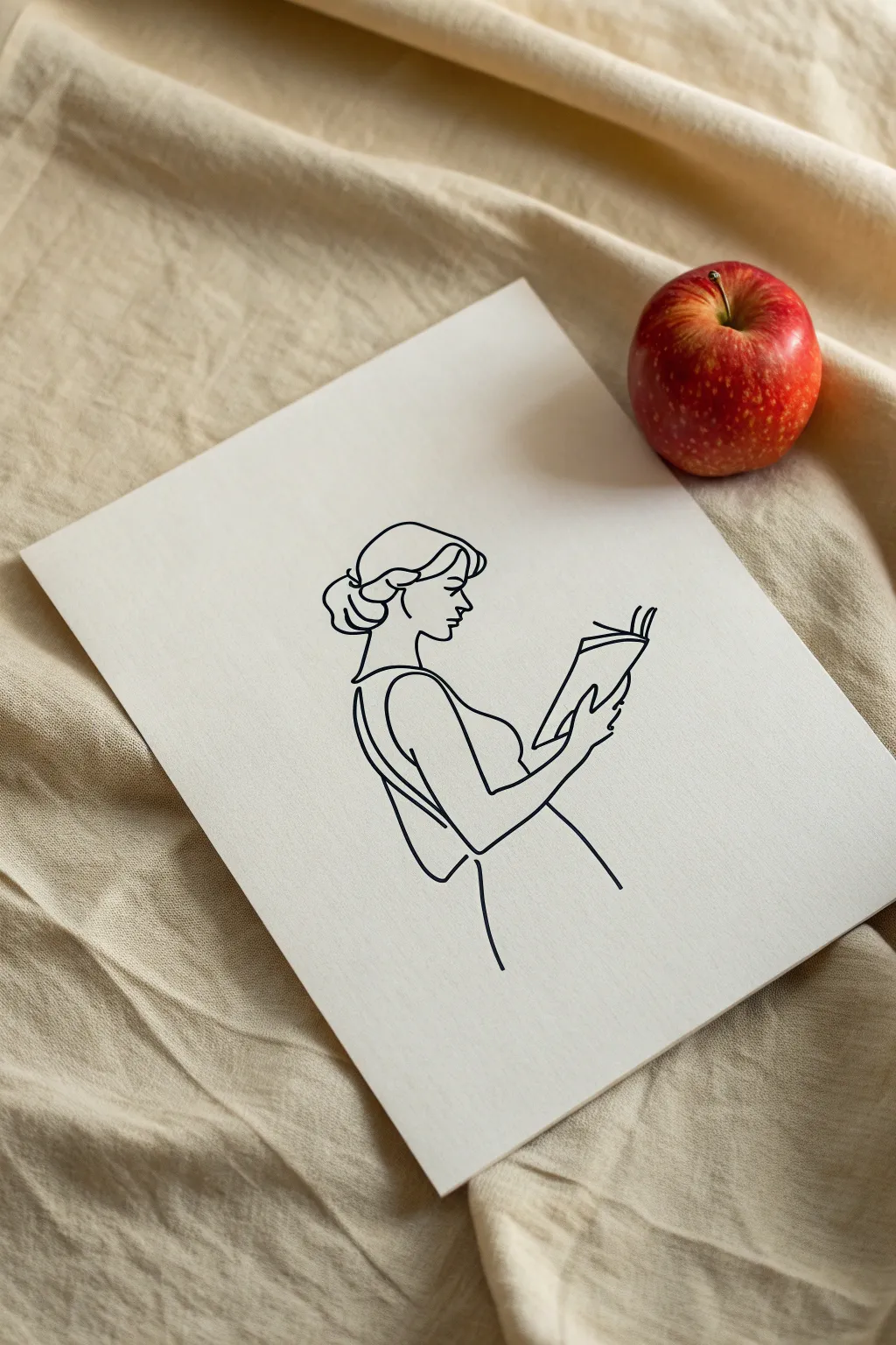 Minimal one-line teacher silhouette with a bold red apple accent, clean modern and calming.