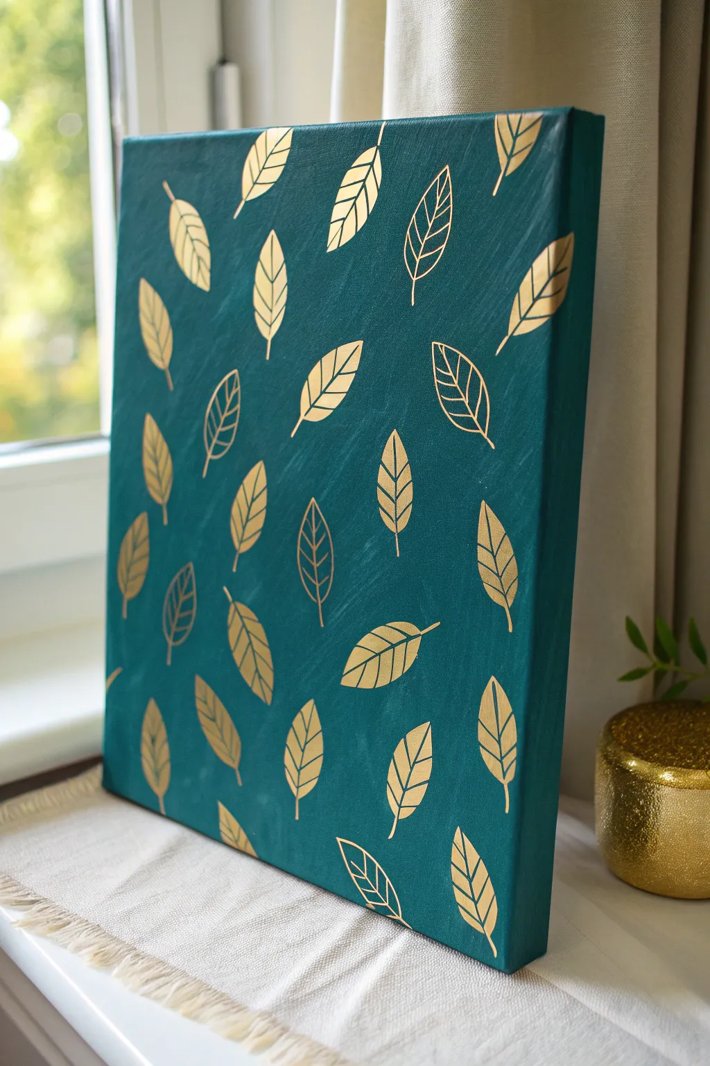 Rich teal canvas with minimal metallic leaf accents, a Scandinavian boho statement piece.