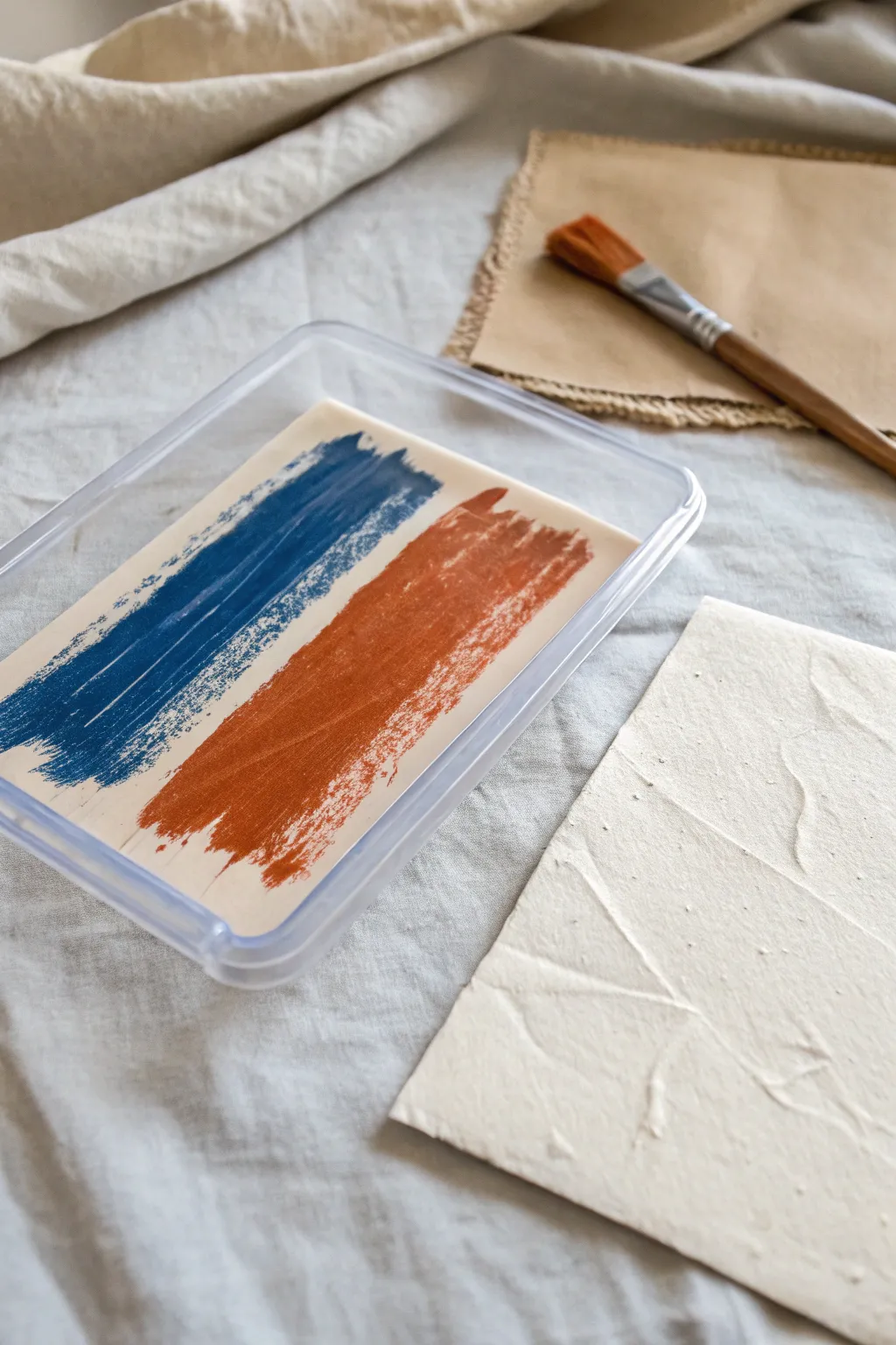 Fast monoprint magic: fresh tempera paint stick marks transferring into a broken, painterly print