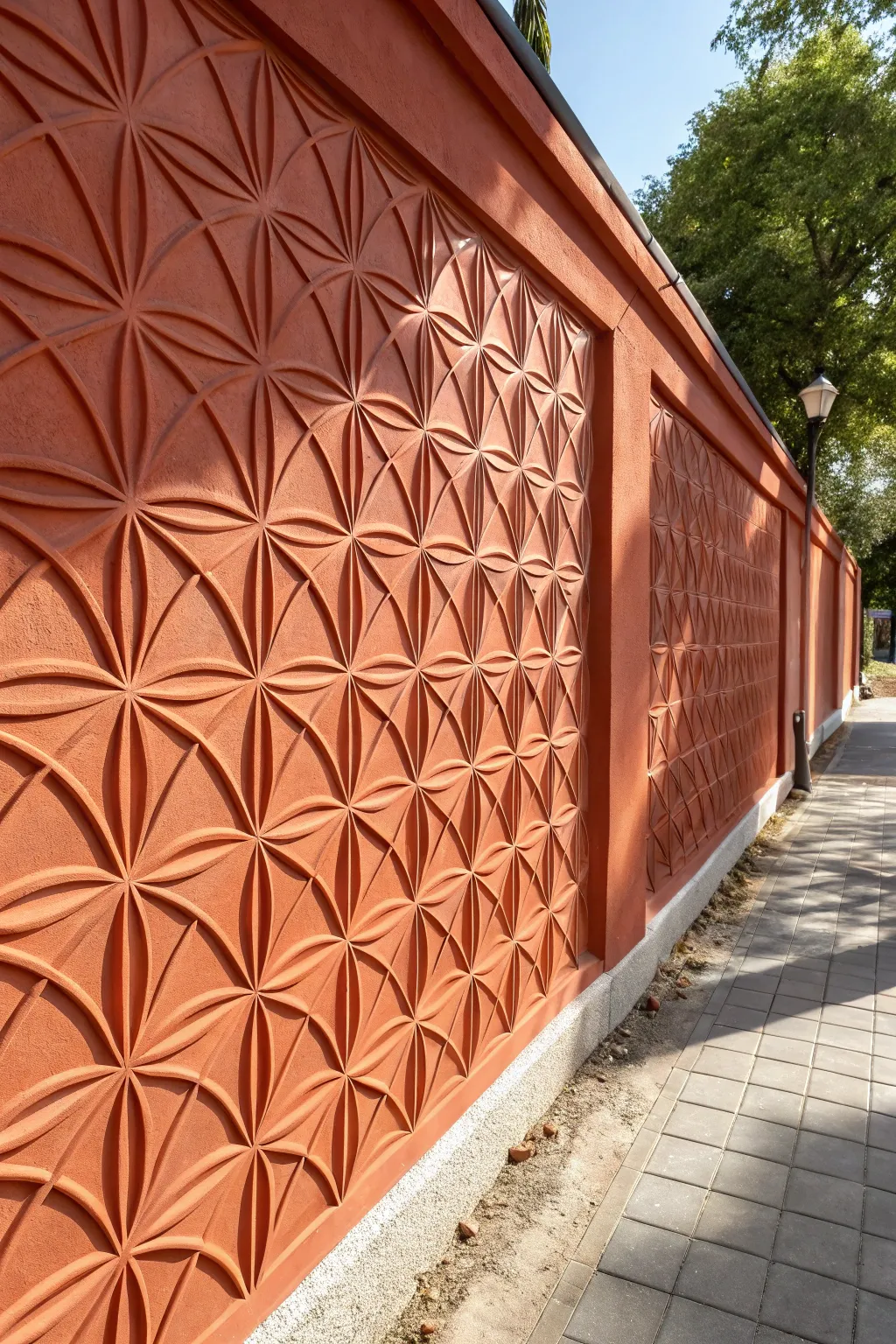 Sculpted geometric relief wall in bold terracotta, side-lit for crisp architectural shadows.