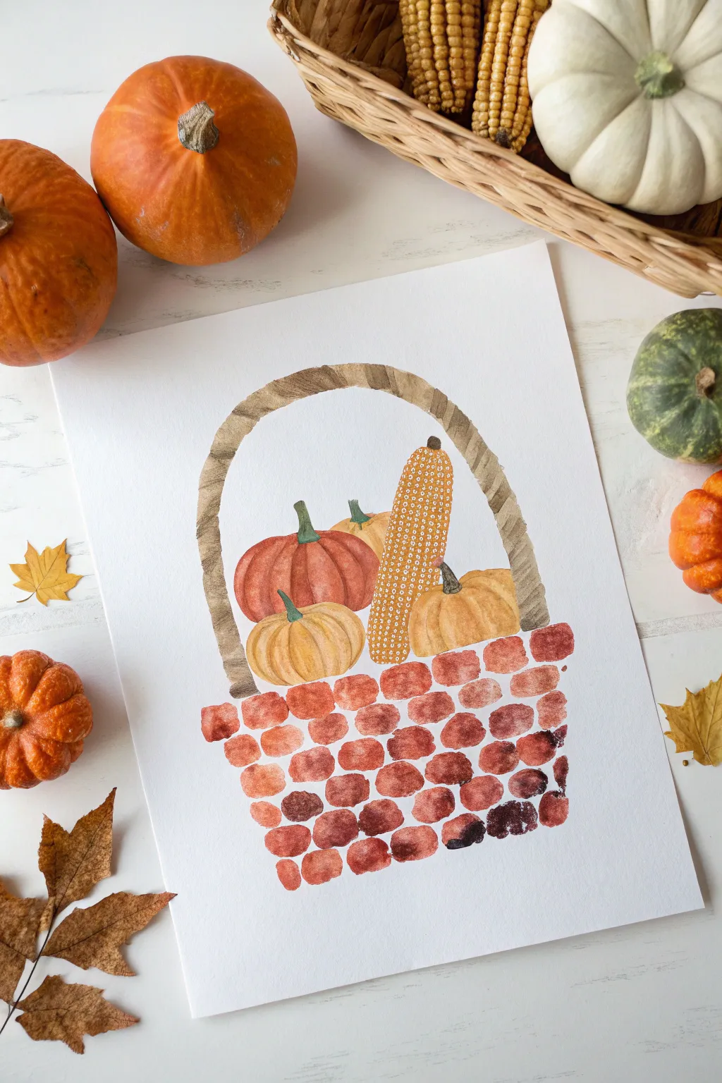 Harvest basket fingerprint collage with bold fall colors, perfect for easy Thanksgiving finger painting