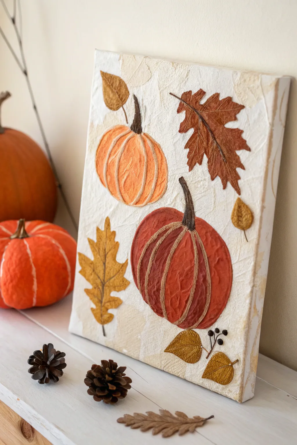 Mixed-media pumpkin canvas with pressed leaves, a cozy Thanksgiving paint night keepsake.
