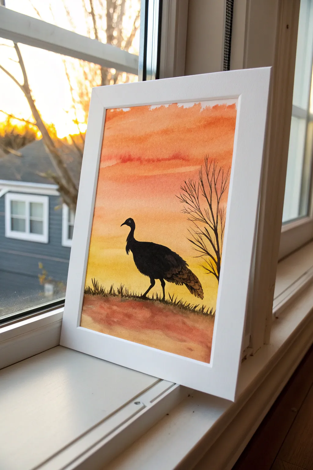 Easy Thanksgiving painting idea: minimalist turkey silhouette on a glowing sunset wash