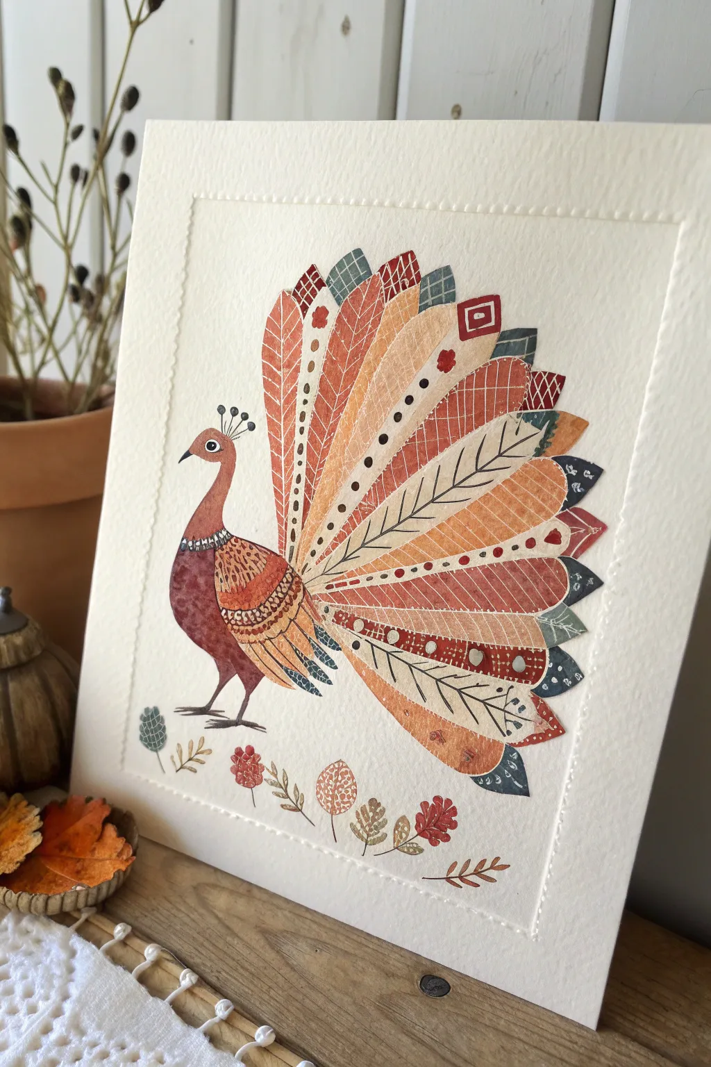 Bold patterned turkey feathers in warm fall colors, a minimalist folk-art Thanksgiving paint idea